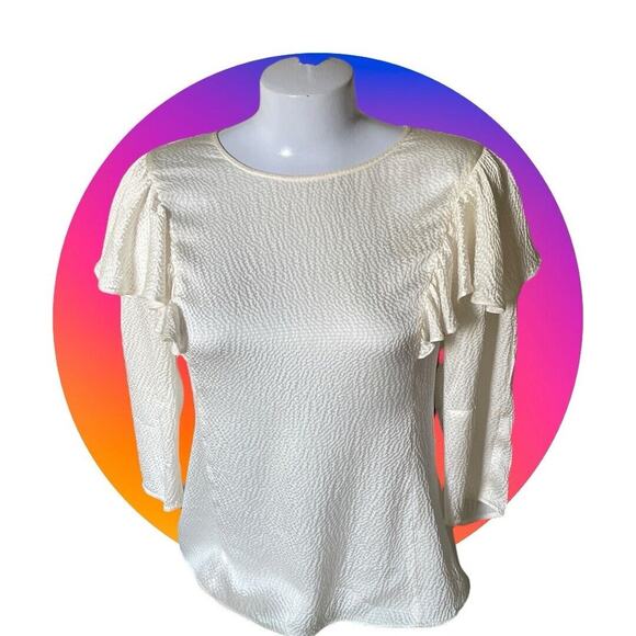 REBECCA TAYLOR Pebbled Silk Woman 3/4 SLEEVE RUFFLE VANILLA Ivory BLOUSE 0 XS 2 - Picture 2 of 9